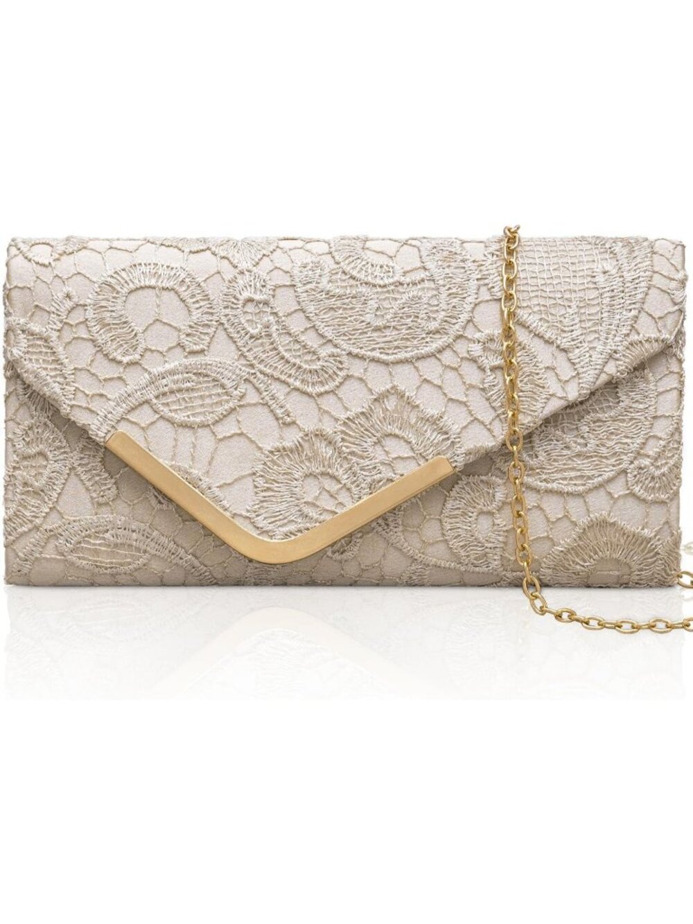 Womens Beige Lace Floral Mesh Envelope Chain Crossbody Prom Evening Bag Clutch